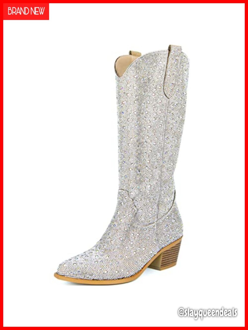 Rhinestone Cowboy Boots Pointed Toe Block Heel Knee High Western Boots